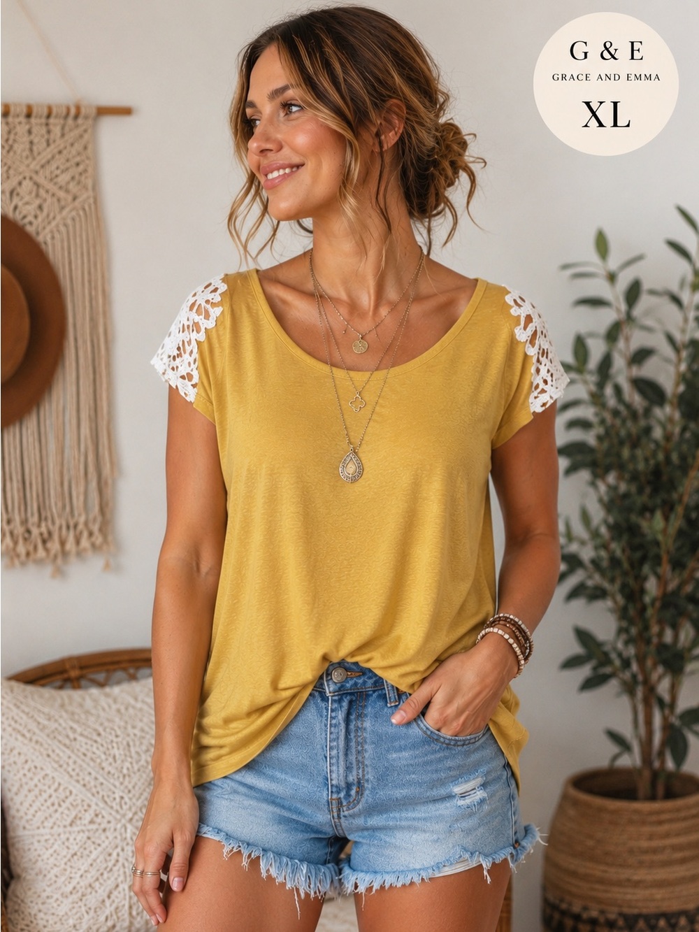 Grace & Emma Yellow Crochet Lace Cap Sleeved Top XL Boho